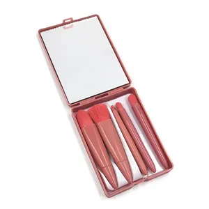 Portable 5-piece makeup brush set with mirror pink travel cosmetic tool kit for daily use
