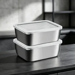 Stainless steel food storage containers with lids, stackable metal boxes for kitchen fridge organization.