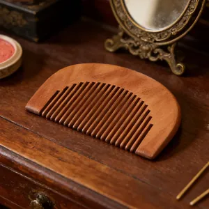 Natural wooden hair comb, fine tooth smooth comb for daily hair styling care detail view.
