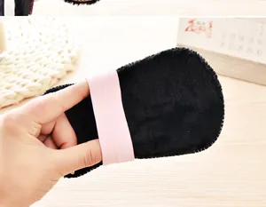 Portable faux wool shoe polishing mitt with elastic band, detailed view for leather shine cleaning.