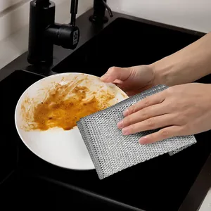 Chiffon vaisselle fil argenté épaissi, torchon de nettoyage en maille pour poêles et cuisine.