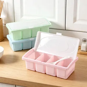 Boîte à assaisonnement en plastique à 4 compartiments avec couvercles et cuillères cuisine