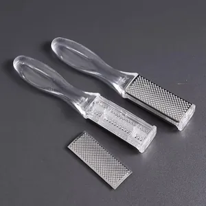 Double-sided foot file for dead skin removal, clear handle with removable stainless steel rasp.