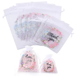 Sacchetti regalo in organza trasparente con stampa di corona floreale e coulisse per feste.