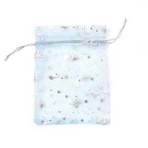 Primo piano dettagliato di sacchetto in organza azzurro con stelle argentate e coulisse.