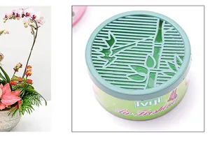 Round solid air freshener deodorant with bamboo grill design for home and car use.