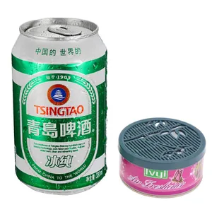 Solid air freshener for home and car, pink round container with grey lid, long lasting fresh scent.