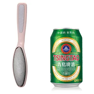 Stainless steel foot file for dead skin removal, pink ergonomic handle for easy daily pedicure.