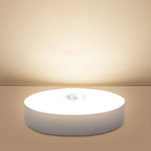 Modern round LED motion sensor night light, magnetic portable rechargeable cabinet lamp.