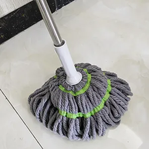 Household self-wringing rotary mop with absorbent cotton head and stainless steel pole.