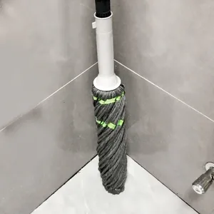 Household telescopic self-wringing grey string mop with absorbent cotton head for cleaning