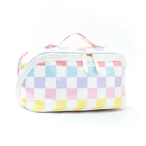Pastel checkered cosmetic bag with large capacity, cute portable makeup storage bag for travel.