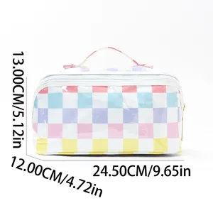 Pastel checkered cosmetic bag, large capacity makeup organizer with portable handle.