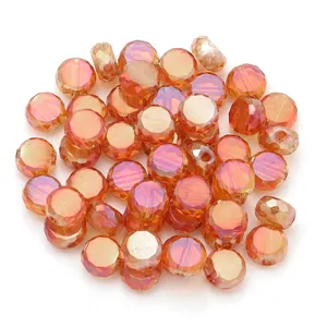 Faceted flat round crystal glass beads, vibrant orange AB coating for DIY jewelry making.