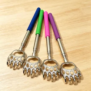 Telescopic stainless steel back scratcher detail view featuring cute bear claw and colorful handle.