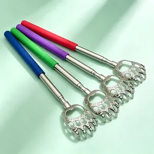 Telescopic stainless steel back scratcher with cute bear claw design and colorful handle.
