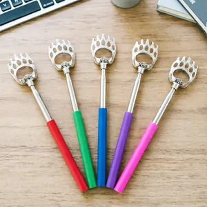 Detailed view of stainless steel telescopic back scratchers with bear claw heads and vibrant handles.
