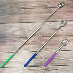 Extendable stainless steel back scratcher tool with cute bear claw and colorful rubber handle.