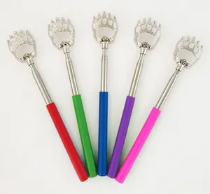 Stainless steel telescopic back scratcher with cute bear claw design and colorful handle.