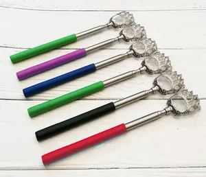 Telescopic stainless steel back scratcher with cute bear claw tip and colorful anti-slip handle.