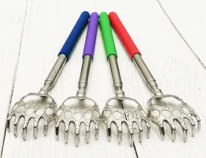 Telescopic stainless steel back scratchers with colorful handles and cute bear claw designs.