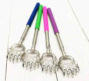 Telescopic stainless steel back scratcher with colorful rubber handle bear claw design tool.