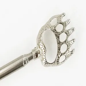 Stainless steel telescopic back scratcher detail view, creative bear claw metal head for use.