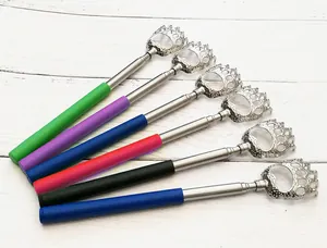 Telescopic back scratcher with colorful plastic handle and stainless steel bear claw head.