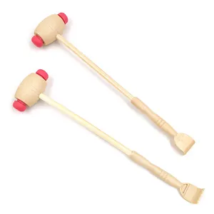 Wooden massage hammer detail view, dual-use back scratcher and tapping tool for daily body relaxation.