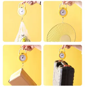 Portable mechanical hanging scale with hook for household use and weighing items.