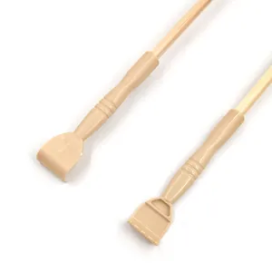 Wooden handle plastic head back scratcher massager tool for daily relaxation relief.