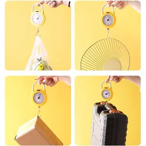 Portable mechanical spring hanging scale with hook, yellow food weight scale for home use.