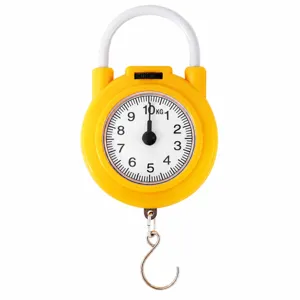 Portable mechanical hanging spring scale with 10kg capacity, dial display and retractable hook.