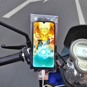 Waterproof motorcycle phone holder bag with touch screen and charging port for riding.