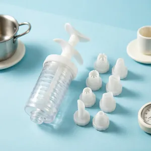 Plastic cookie press gun with eight interchangeable piping nozzles for baking details.