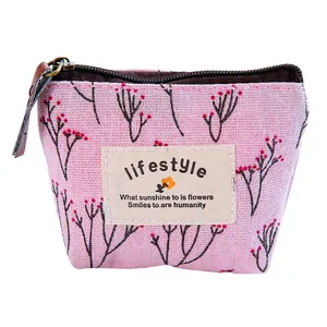 Floral canvas coin purse mini portable wallet cute small storage bag for keys and coins