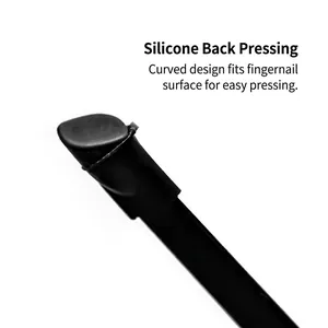 Close-up of black anti-static nail tweezers with curved silicone press end.