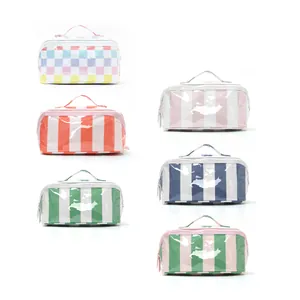 Large Capacity Waterproof PVC Cosmetic Bag Fashion Color Block Striped Zipper Toiletry Bag Portable Makeup Organizer Pouch