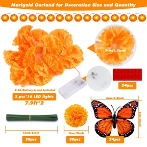 Set of Artificial Marigold Garland with 16 LED lights for Mexican Day of the Dead decor