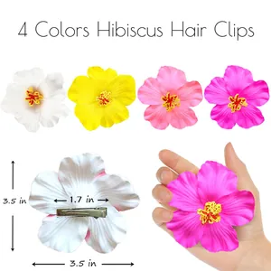 Detailed view of four colorful hibiscus hair clips with dimensions and scale