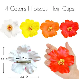 Detailed size and 4-color options for hibiscus flower hair clips for Hawaiian parties