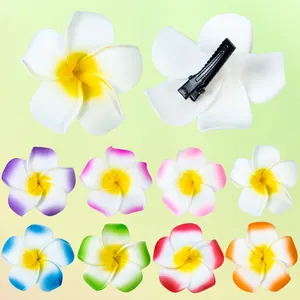 Hawaiian frangipani foam hair clips in various vibrant colors showing back clip detail