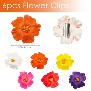 Set of hibiscus flower hair clips showing 3.5-inch flower size and clip detail view