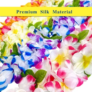 Close-up of colorful Hawaiian silk leis showing the premium fabric and vibrant colors.