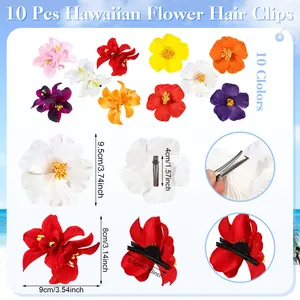 Detailed view of 10 colorful hibiscus flower hair clips with size measurements