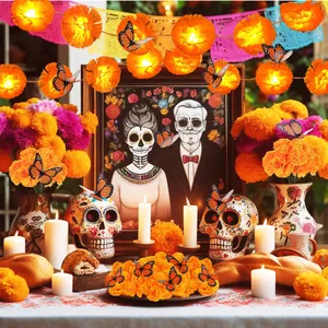 LED marigold flower garlands with butterflies for Day of the Dead altar decor.