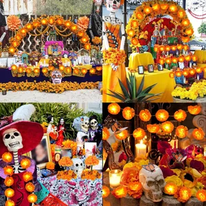 LED marigold flower garlands illuminating a traditional Dia de los Muertos altar setup