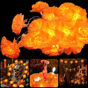 Detail showing glowing orange marigold LED string lights and festive usage scene displays.