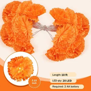 Close-up detail of 10ft orange marigold LED string lights with 20 flowers and 2 AA battery.