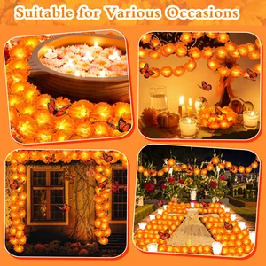 Illuminated marigold garlands with LEDs displayed in four diverse festive decor settings